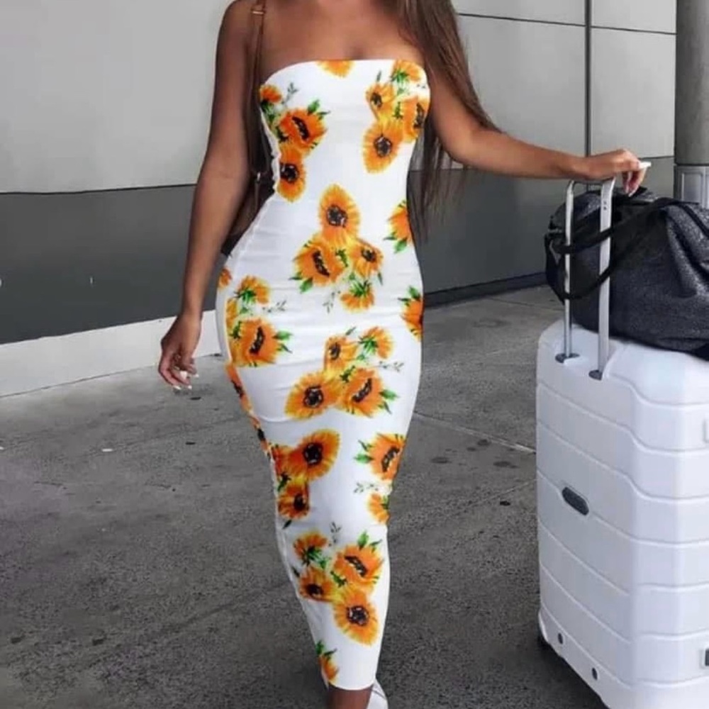 Chic White and Yellow Strapless Dress